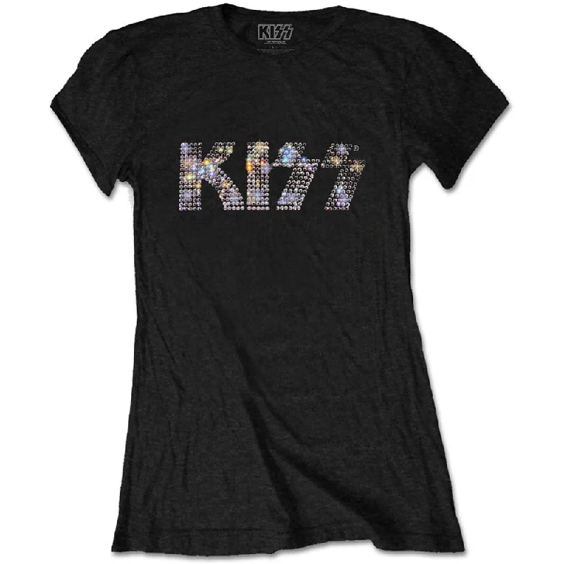 KISS Logo Ladies Diamante T-Shirt Striped Floral Plaid