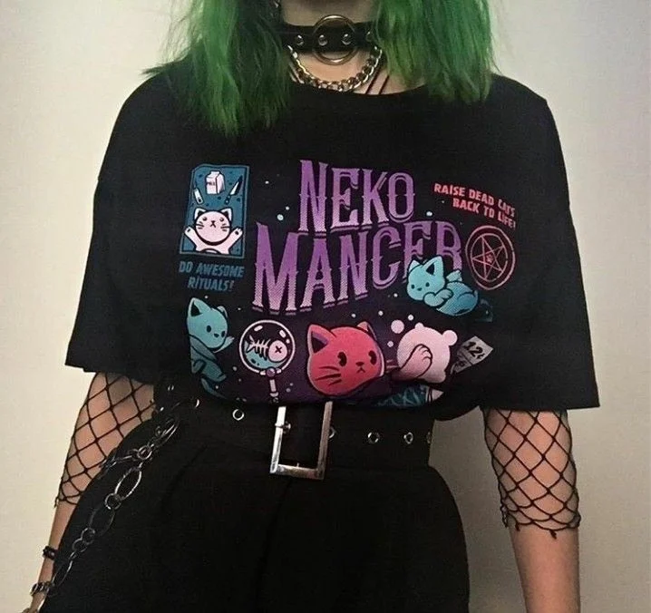 kuakuayu HJN Neko Mancer T-Shirt Unisex Cute Aesthetic Grunge Black Tee Satantic Gothic Clothing Witch Shirt Knit Fabric Woven Fabric Fleece Fabric