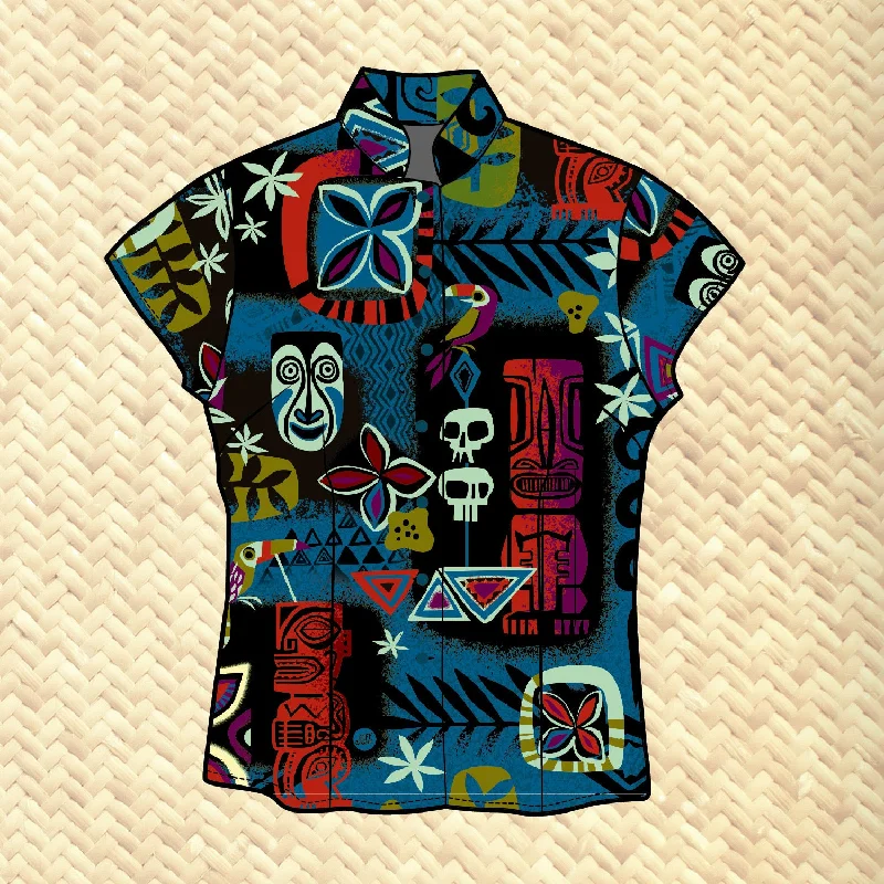 LAST CHANCE, 'Blue Tiki Safari' Classic Aloha Button Up-Shirt - Womens Sequined Glittery Shiny