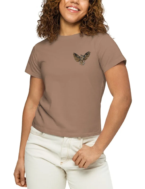 Latte Women’s high-waisted t-shirt-Embroidered Mocking Bird Terry Blend Velvet Blend Canvas Blend