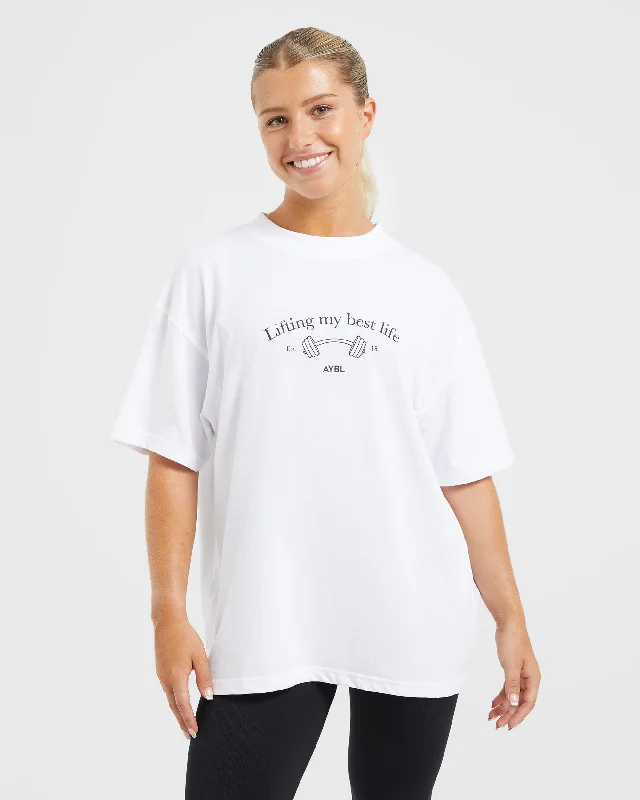 Lifting My Best Life Oversized T Shirt - White Rayon Fabric Velvet Fabric Corduroy Fabric