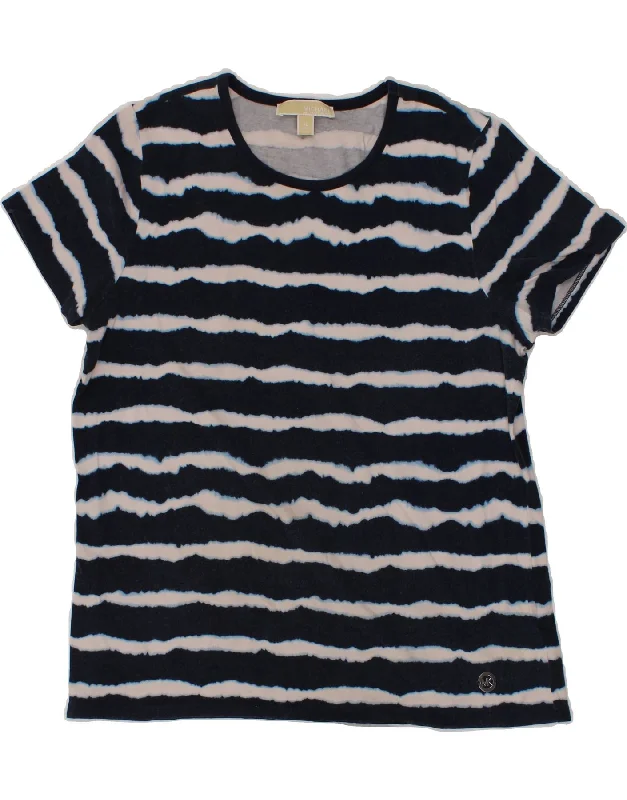 MICHAEL KORS Womens T-Shirt Top UK 18 XL Navy Blue Striped Cotton Fleece Fabric Down Fabric Feather Fabric