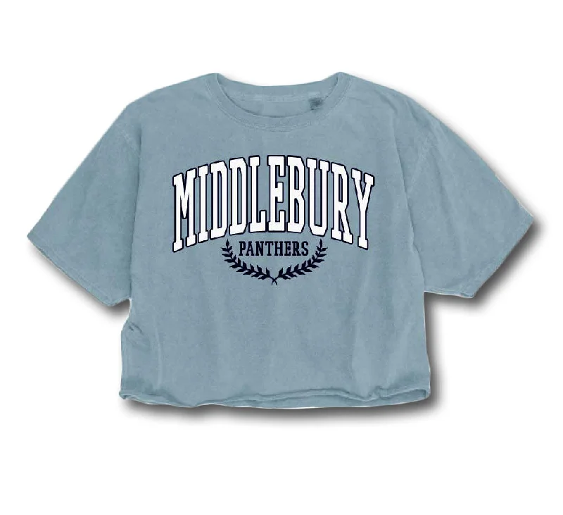 Middlebury Vanity Cropped Tee (Denim) Mesh Blend Leather Blend Suede Blend