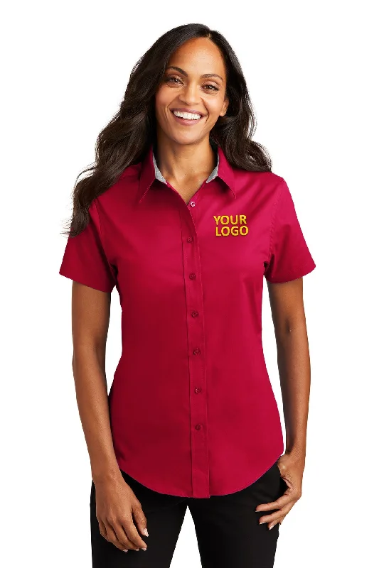 Port Authority Ladies Short Sleeve Easy Care Branded Shirts, Red/Light Stone Denim Fabric Leather Fabric Suede Fabric