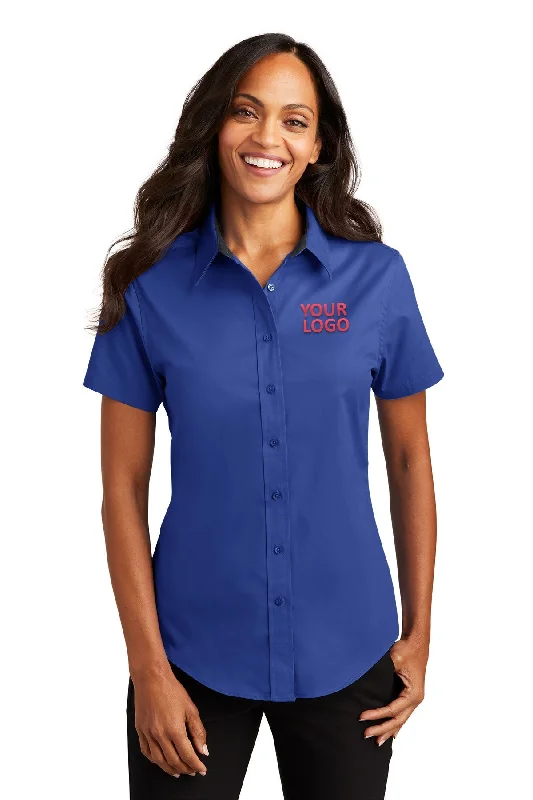 Port Authority Ladies Short Sleeve Easy Care Branded Shirts, Royal/Classic Navy Chenille Blend Fleece Blend Nylon Blend