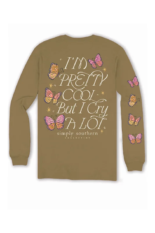 Simply Southern Plus Size Long Sleeve I’m Pretty Cool But I cry A Lot T-Shirt for Women in Tulepo Gold | EXT-LS-CRY-TULEPO Nylon Fabric Polyester Fabric Spandex Fabric