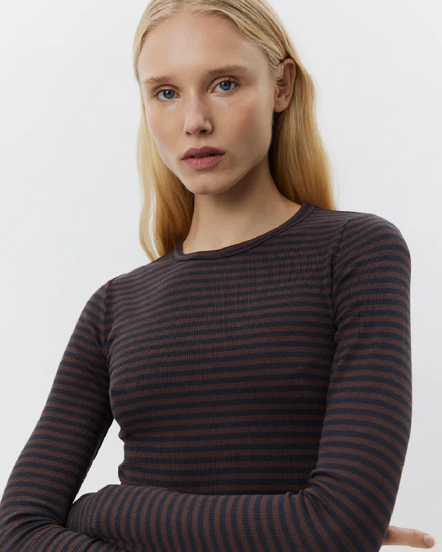 PETRICIASW STRIPE T-SHIRT LONG SLEEVE - Dark Brown Black striped Collared Crew Neck Turtle Neck