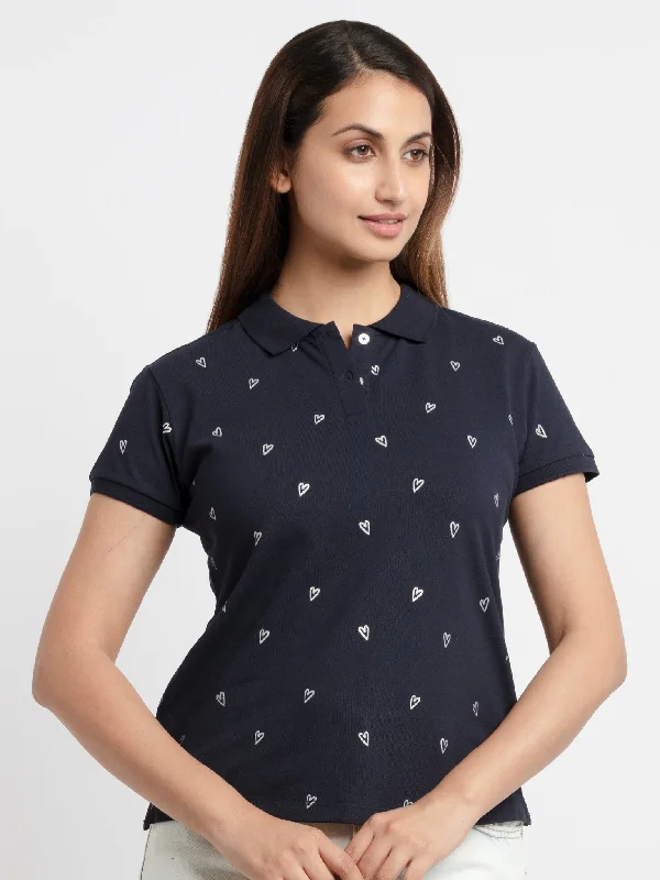 Women's Printed Polo T-Shirt Ribbed T-Shirt High Neck Heavyweight