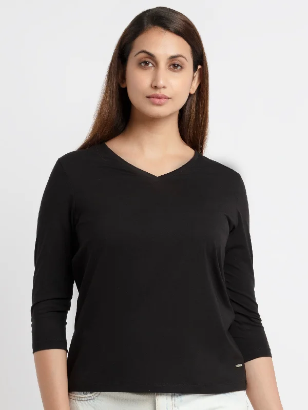 Women's Solid V Neck T-Shirt Collared Crew Neck Turtle Neck