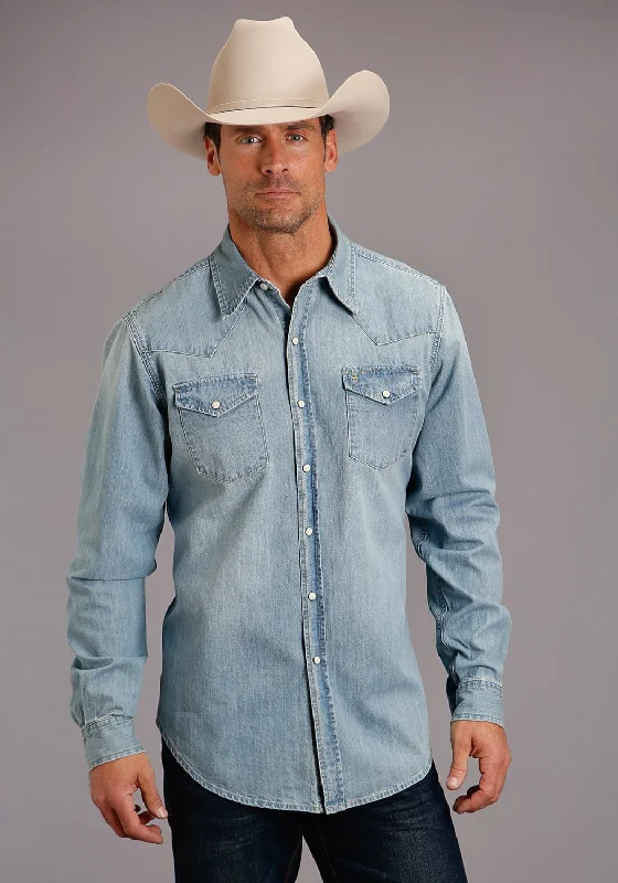 Stetson Mens Light Blue 100% Cotton Snap L/S Shirt Terry Blend Velvet Blend Canvas Blend