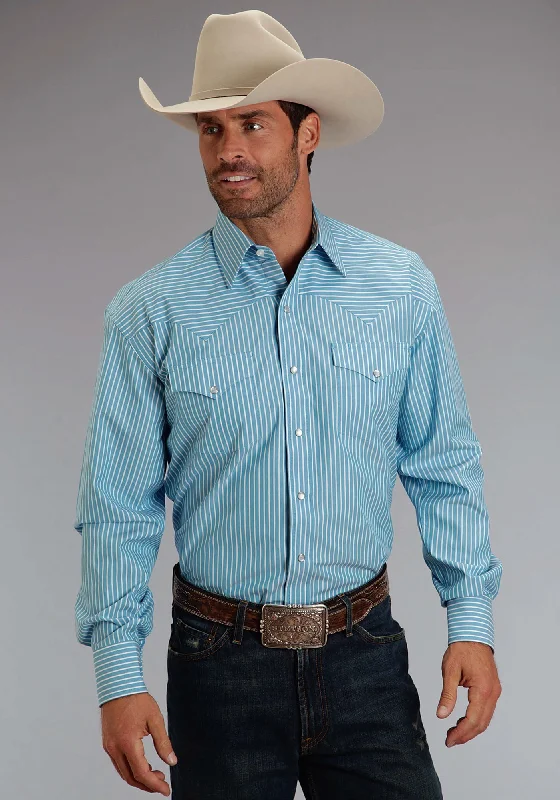 Stetson Mens Turquoise 100% Cotton Candy Stripe L/S Shirt Houndstooth Herringbone Solid