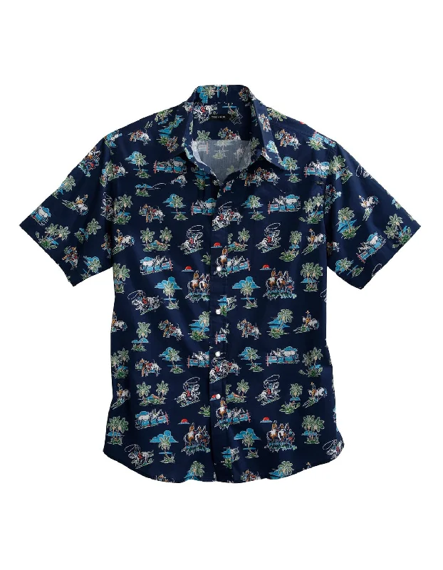 Tin Haul Mens Blue 100% Cotton Cowboy Tropics S/S Hawaiian Shirt Collared T-Shirt Boat Neck A-Line