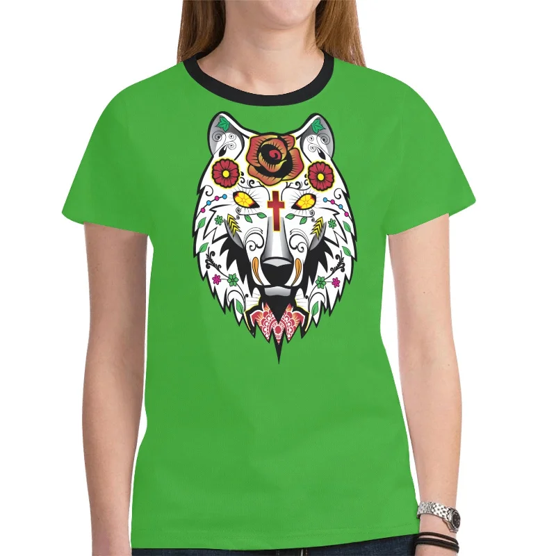 Wolf Spirit Guide (Green) T-shirt for Women Zippered Buttoned Snapped