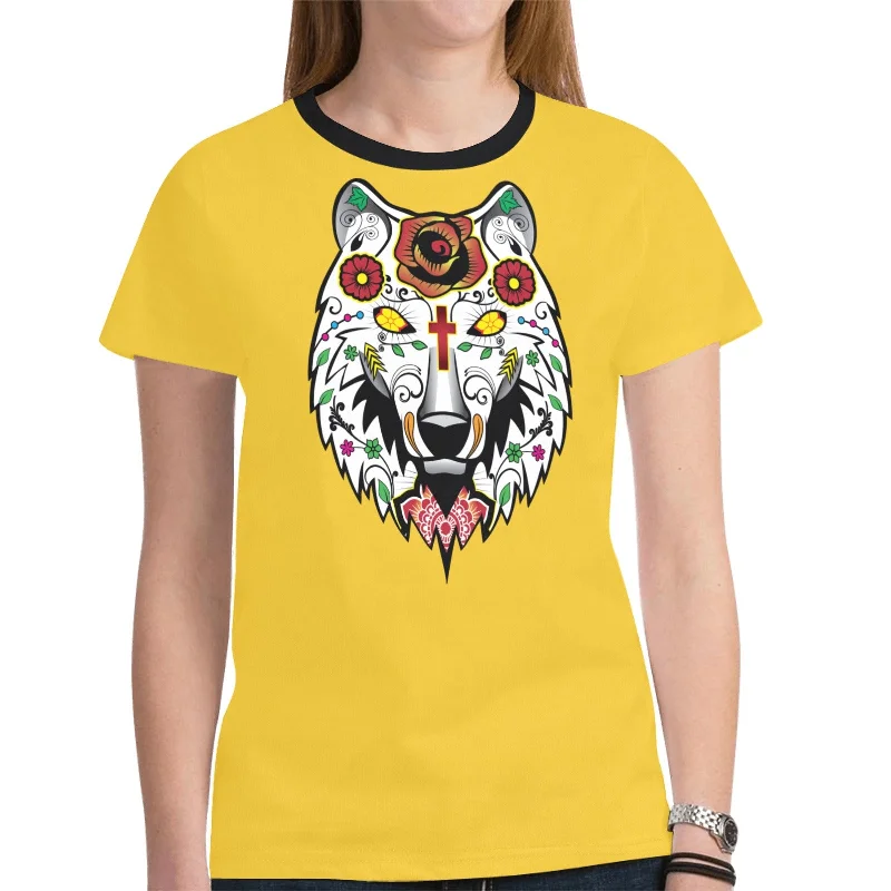 Wolf Spirit Guide (Yellow) T-shirt for Women Spandex Blend Rayon Blend Denim Blend