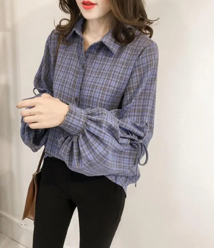 Womens Loose Fit Button Front Bell Sleeves Plaid Shirt Solid Color Striped Floral