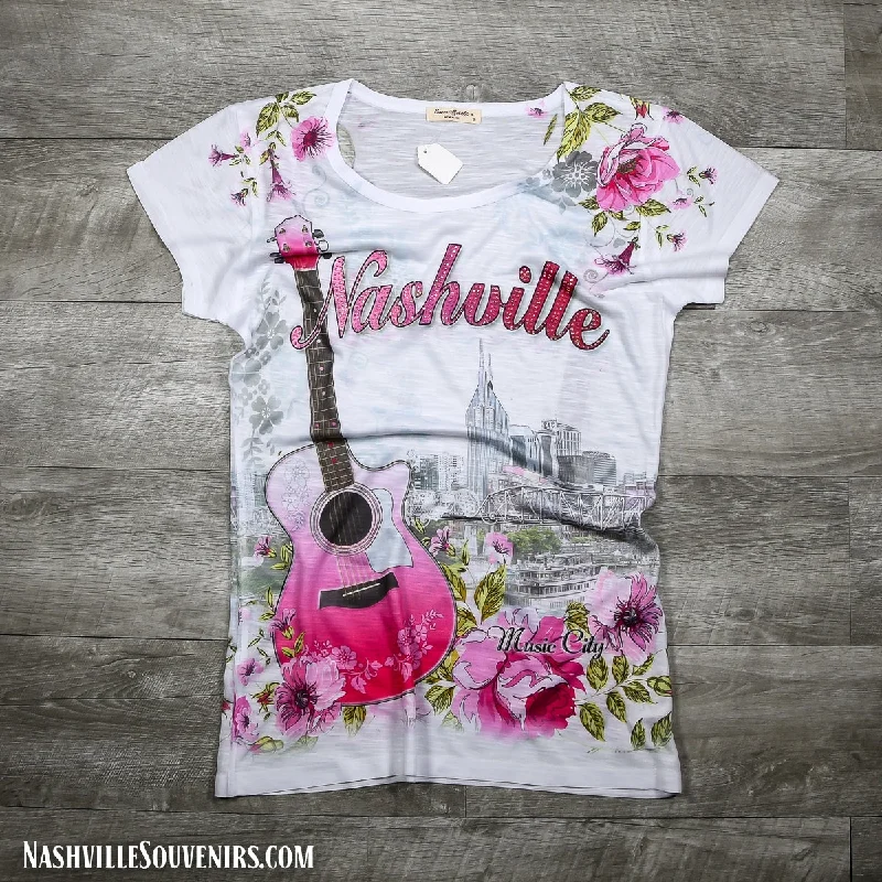 Womens Nashville Shirt with Floral Guitar and Skyline Silk Blend Satin Velvet