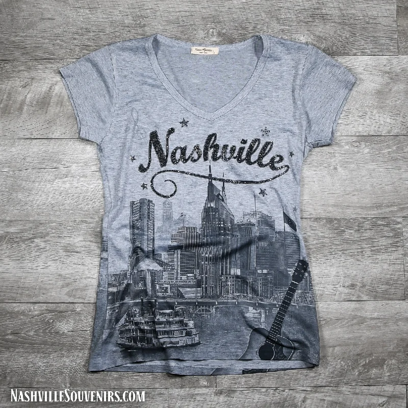 Women's Nashville T-shirt with Riverfront Skyline Satin Blend Silk Blend Wool Blend