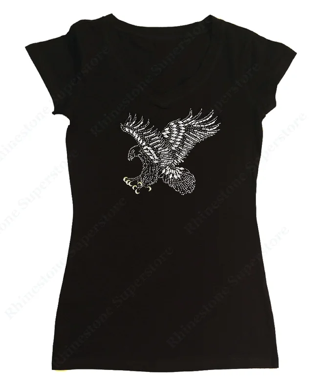 Womens T-shirt with Eagle Landing in Rhinestones Mesh Blend Leather Blend Suede Blend