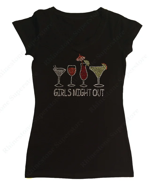 Womens T-shirt with Girls Night Out with Drinks in Rhinestones Mesh Blend Leather Blend Suede Blend