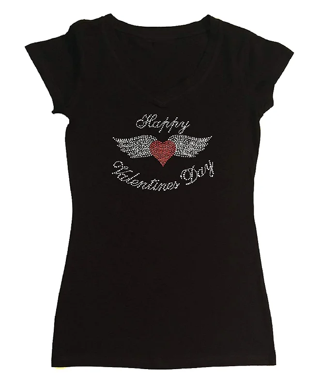 Womens T-shirt with Happy Valentine's Day Heart with Wings in Rhinestones Anti-Pilling Machine Wash Handmade