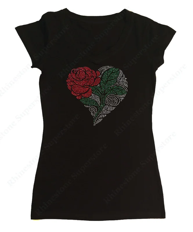 Womens T-shirt with Heart with Rose and Green Leaf in Rhinestones Zippered Front Buttoned Front Snap Front