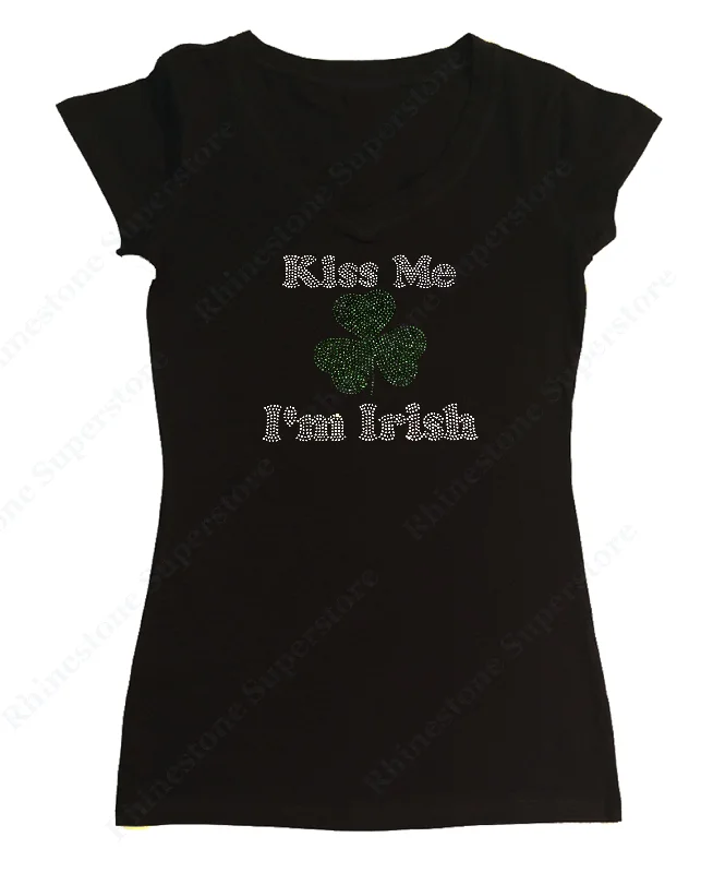 Womens T-shirt with Kiss Me I'm Irish in Rhinestones Anti-Pilling Machine Wash Handmade