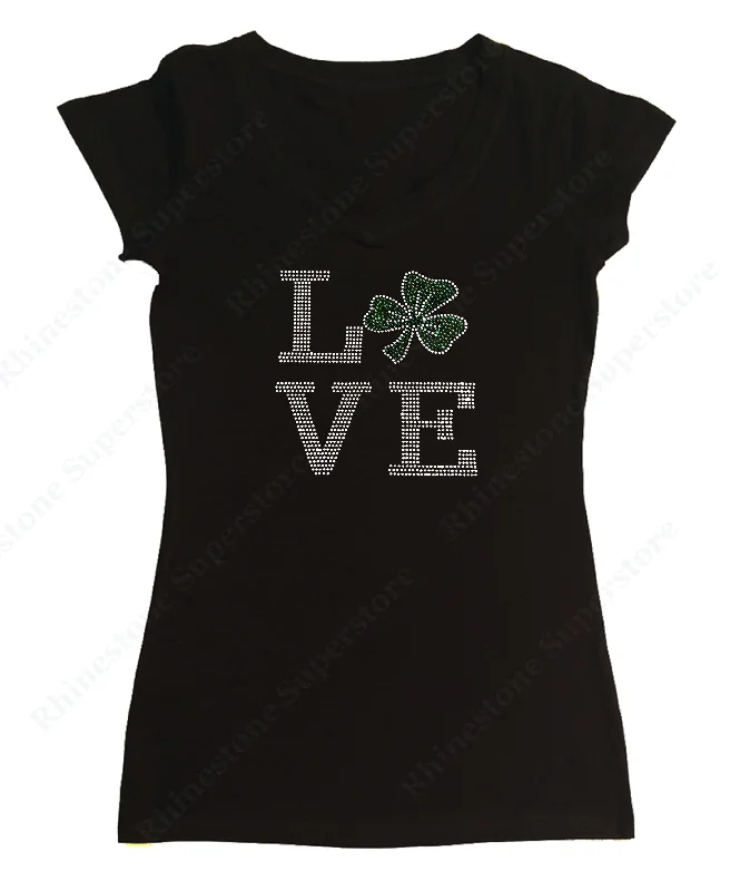 Womens T-shirt with Love St. Patrick's Day in Rhinestones Hooded Caped Shawl Collar