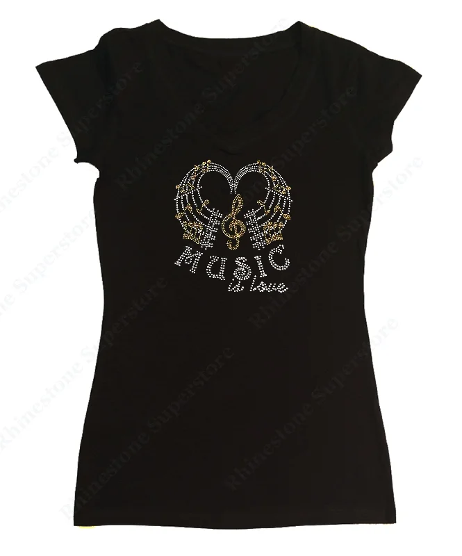 Womens T-shirt with Music is Love with Music Notes in Rhinestones Casual Formal Business