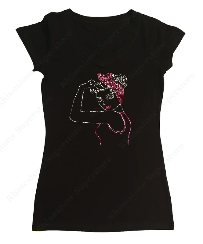 Womens T-shirt with Pink Pin Up Girl in Rhinestones Anti-Shrink Durable Soft