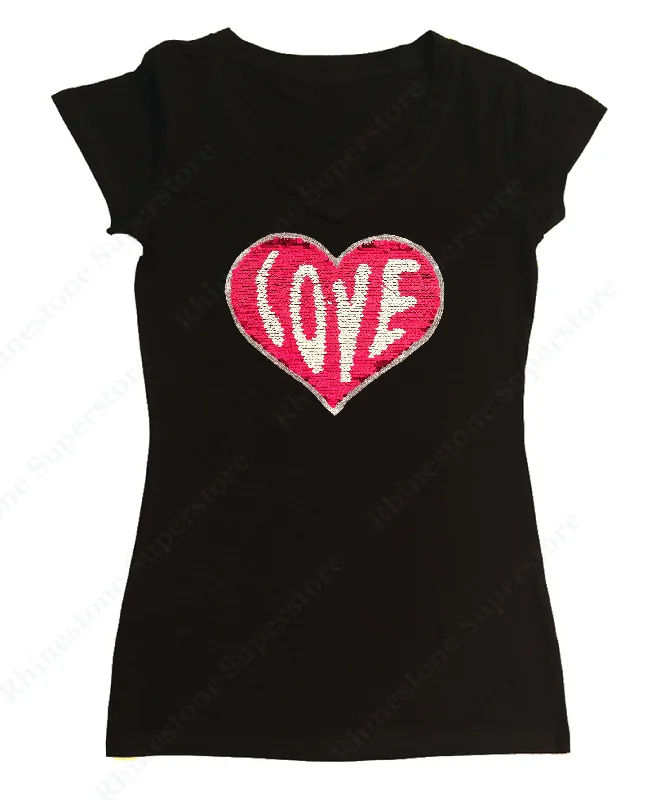 Womens T-shirt with Red Love Heart in 2 Sided Color Sequence Anti-Pilling Machine Wash Handmade