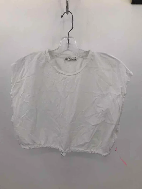 Pre-Owned Zara White Size Medium Cropped T-shirt Jersey Fabric Tulle Fabric Batik Fabric