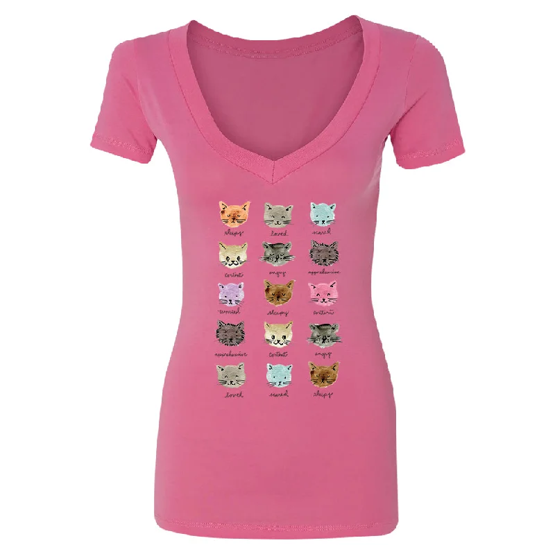 Zexpa Apparelâ„¢ Cute Rainbow Moody Kittens Women's Deep V-neck Colorful Sweet Kittens Tee Front Pockets Side Pockets Patch Pockets