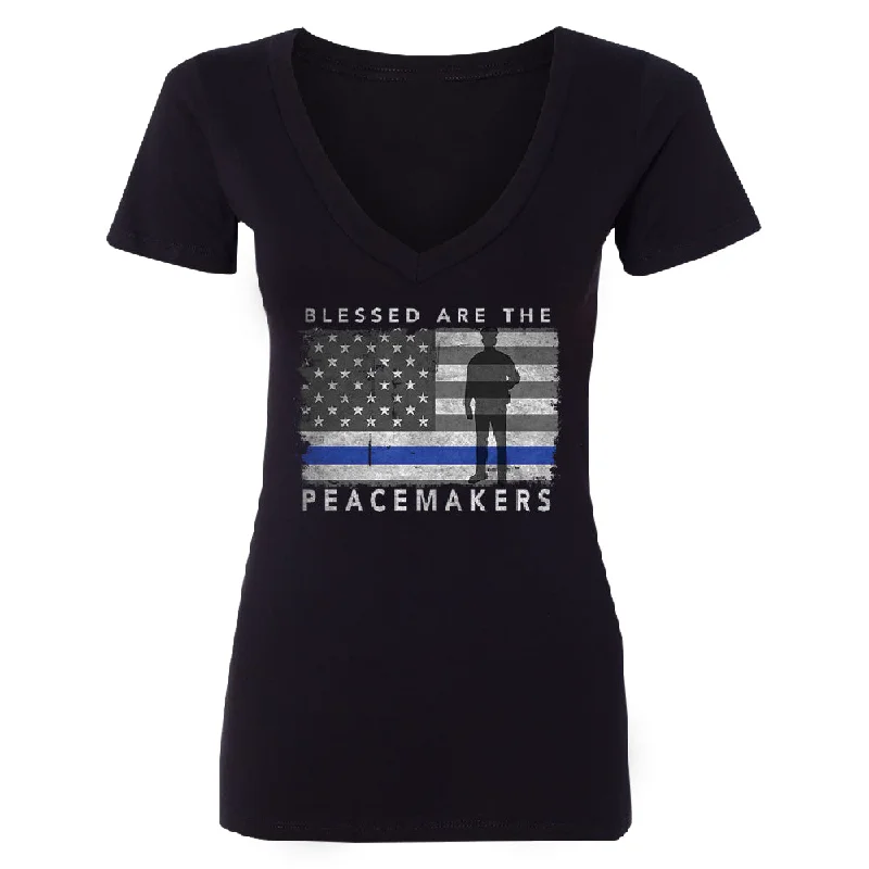 Zexpa Apparel™ Blessed Are The Peacemakers Women's Deep V-neck Support Law Enforcement Tee Fitted T-Shirt Seamless Stretchy