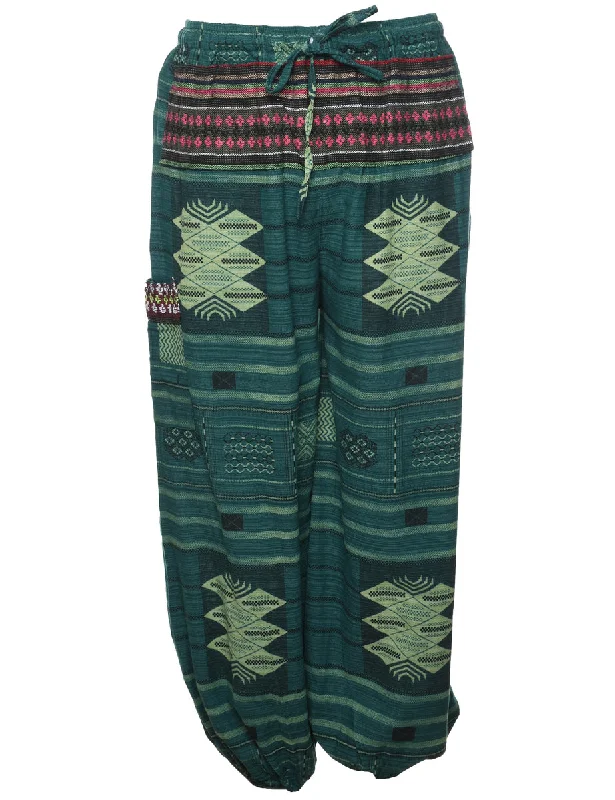 Green Patterned Casual Trousers - W25 L27 Trousers Harem Relaxed Fit