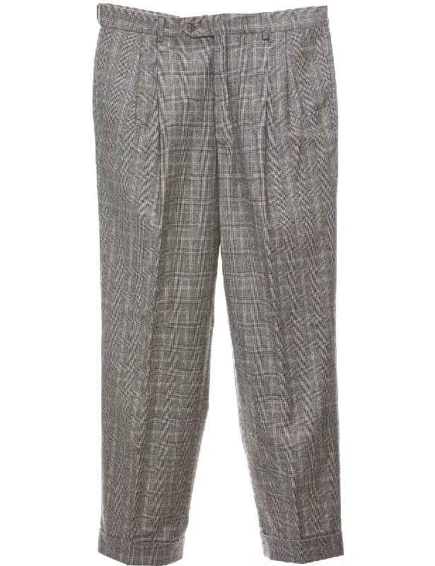 Grey Pleated Checked Pattern Trousers - W36 L31 Trousers Gym Athletic