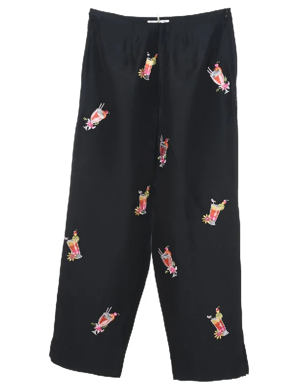 Novelty Print Embroidered Silk Trousers - W28 L27 Trousers Yoga Stretchy