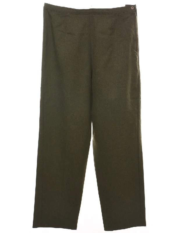 Olive Green Classic Straight-Fit Trousers - W32 L29 Cropped Trousers Casual Linen