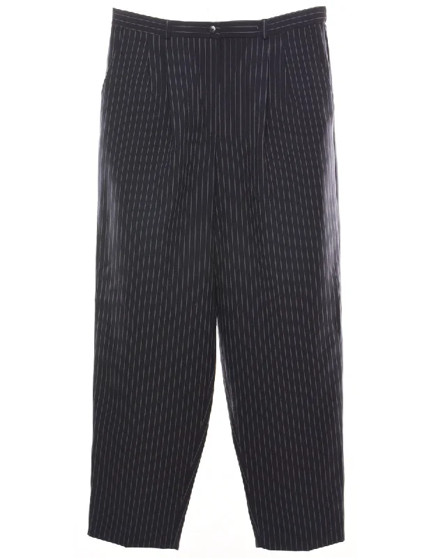 Pinstriped Navy Trousers - W32 L30 Wide Leg Loose Fit Mid Waist