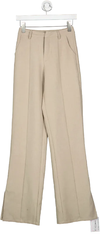 PrettyLittleThing Beige Oatmeal Wide Leg Split Hem Trousers UK 4 Trousers Gym Athletic