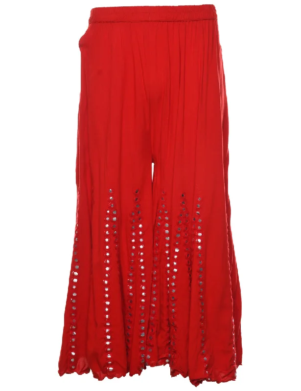 Red Mirror Detail Palazzo Trousers - W26 L21 Trousers Flared Retro