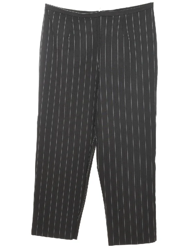 Tapered Pinstriped Black Trousers - W36 L29 Trousers Elastic Waist Soft