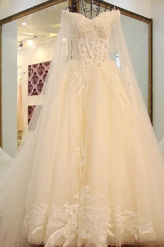 Off The Shoulder Wedding Dresses A Line With Beading Court Train Tulle Lace Up Tunics Fall fleece