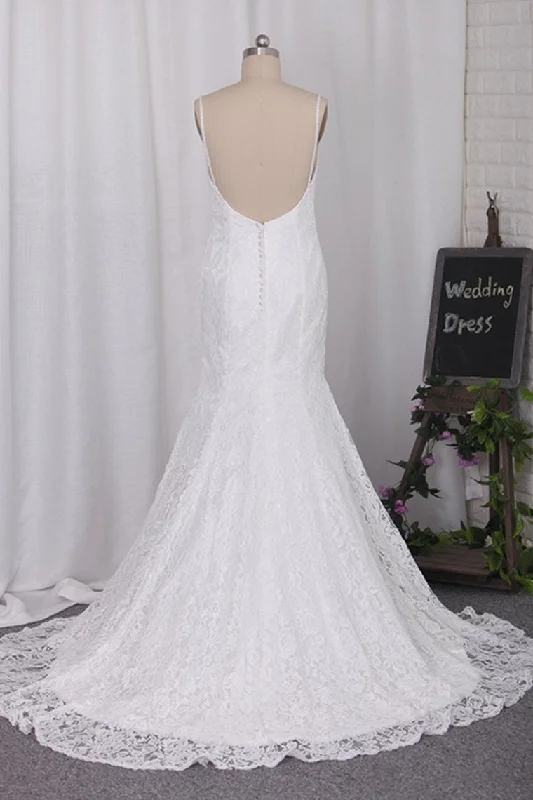 Open Back Lace Spaghetti Straps Sweep Train Wedding Dresses Tunics Chinos classic