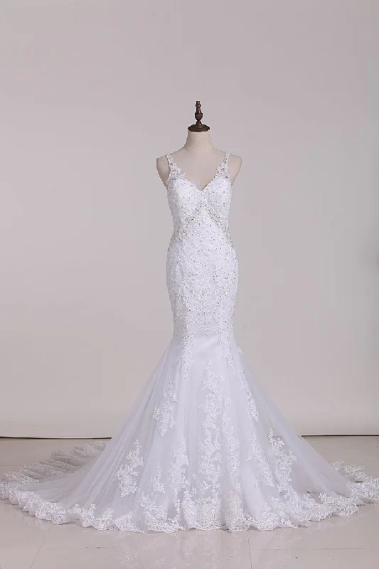 Open Back Mermaid Spaghetti Straps Wedding Dresses Tulle With Applique And Beads Tunics Leisure comfortable