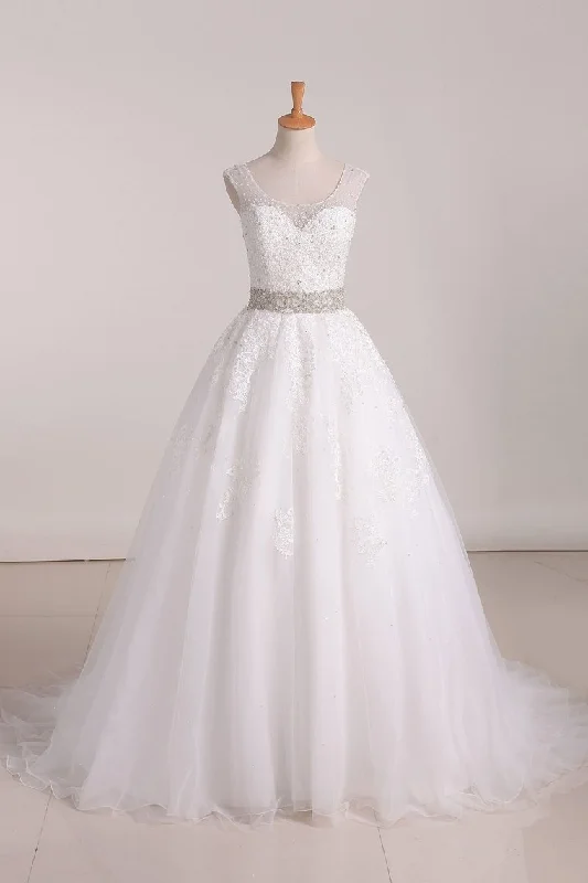 Organza Scoop A Line With Applique And Beads Court Train Wedding Dresses Tunics Stylish elegant