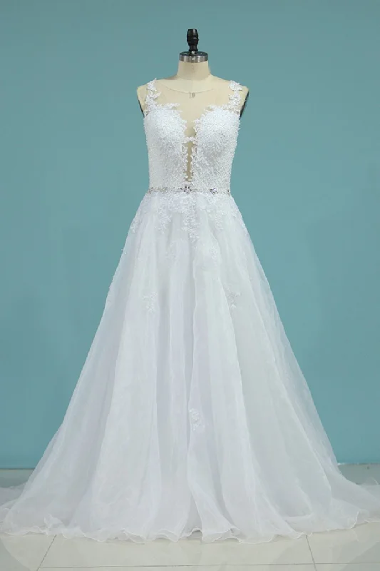 Organza Scoop With Applique Wedding Dresses A Line Sweep Train Elegant Long Evening