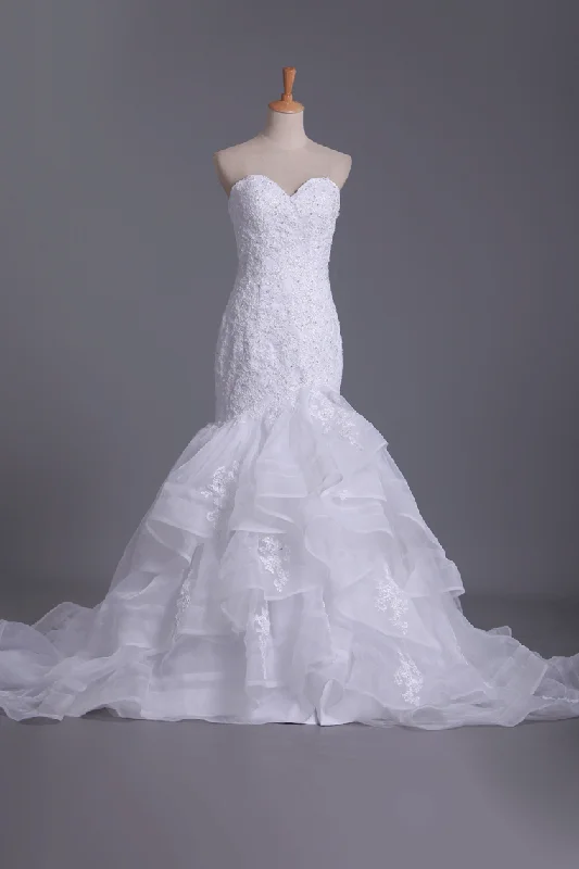 Organza Wedding Dresses Mermaid Sweetheart With Applique And Beads Cowl Neckline Elegant