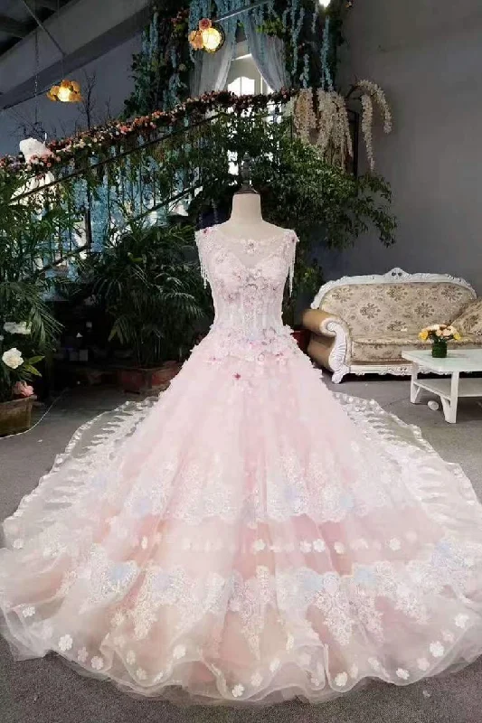 Pink Wedding Dress High-End Tulle Scoop Lace Up With Beads Handmade Flowers Tunics Solid Classic