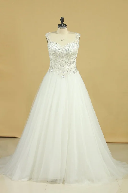 Plus Size A Line Straps Wedding Dresses Tulle With Beading Chapel Train Tunics Hiking breathable