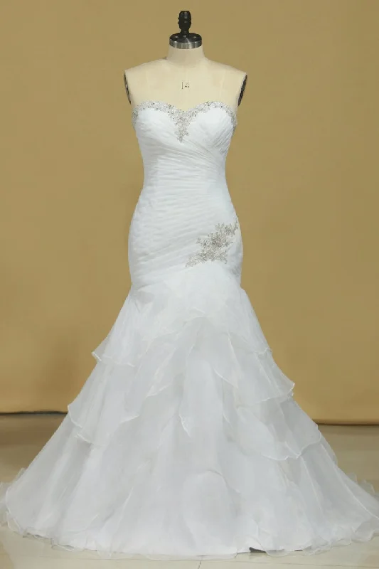 Plus Size Sweetheart Wedding Dresses Ruched Bodice Organza With Beading Tunics Canvas sturdy